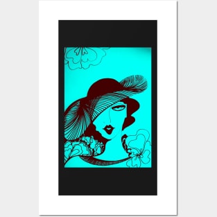 TURQUOISE RETRO OP ART SEVENTIES DECO LADY WITH HAT SUMMER PRINT Posters and Art